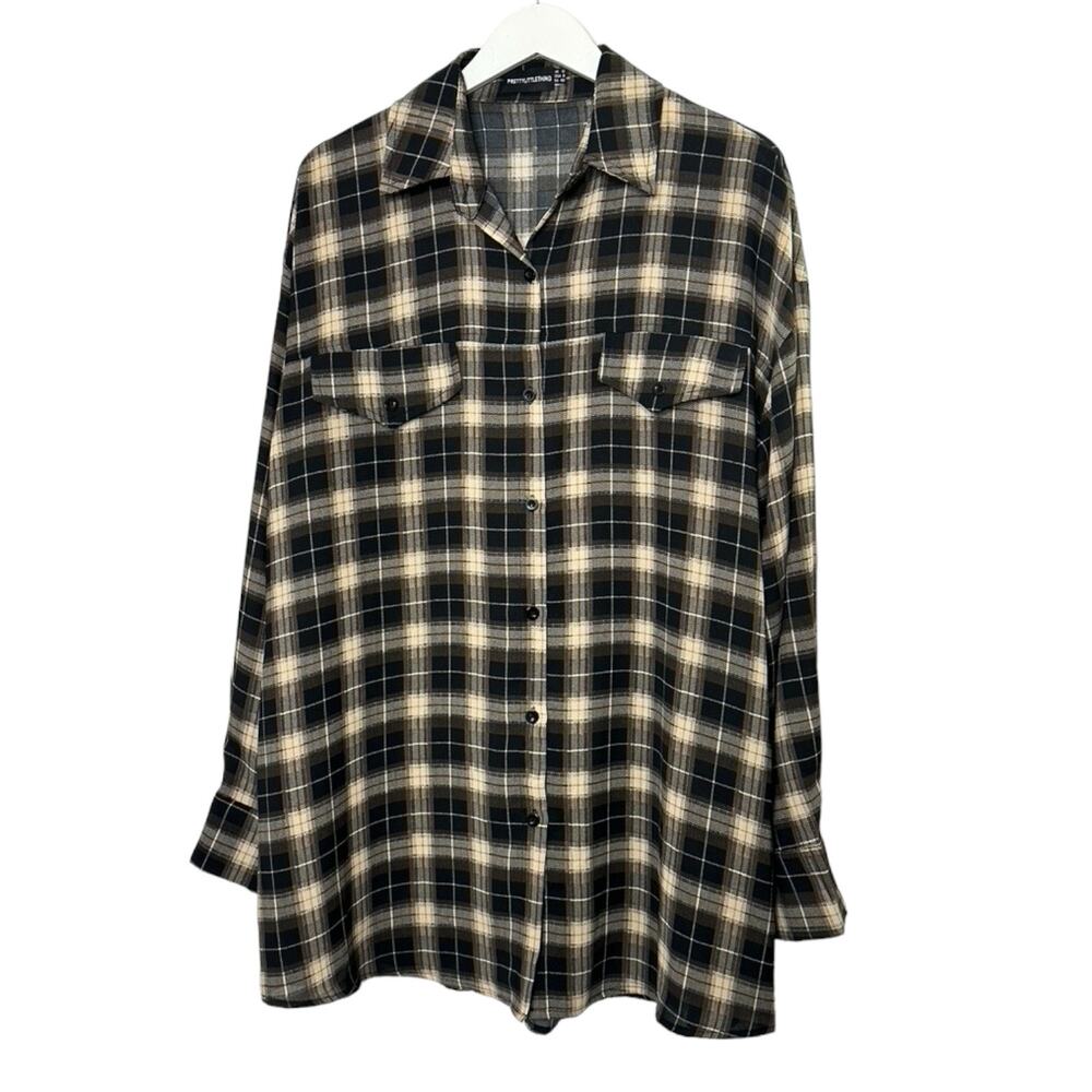 PrettyLittleThing Brown & Tan Plaid Long Sleeve Oversize Button-Up Top Sz 8 - Picture 1 of 5